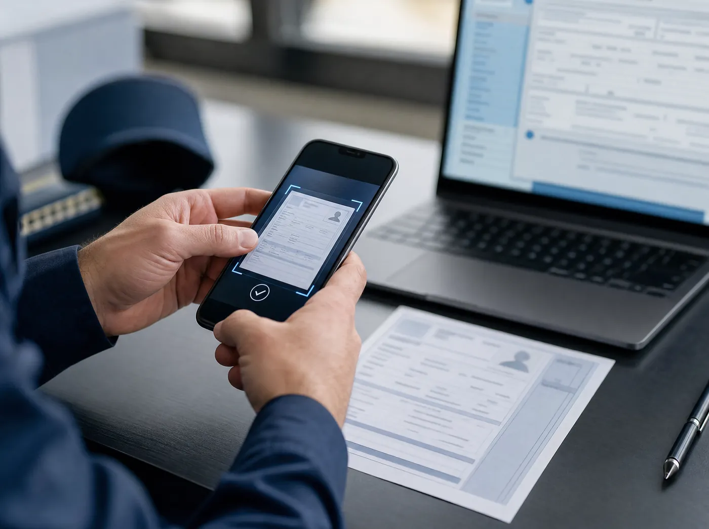 Ein Dokument wird mit dem Smartphone gescannt, im Hintergrund das Formular am Laptop.